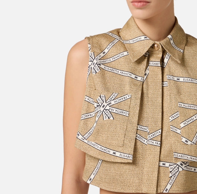 Camisa de algodón con estampado de rafia y cinta