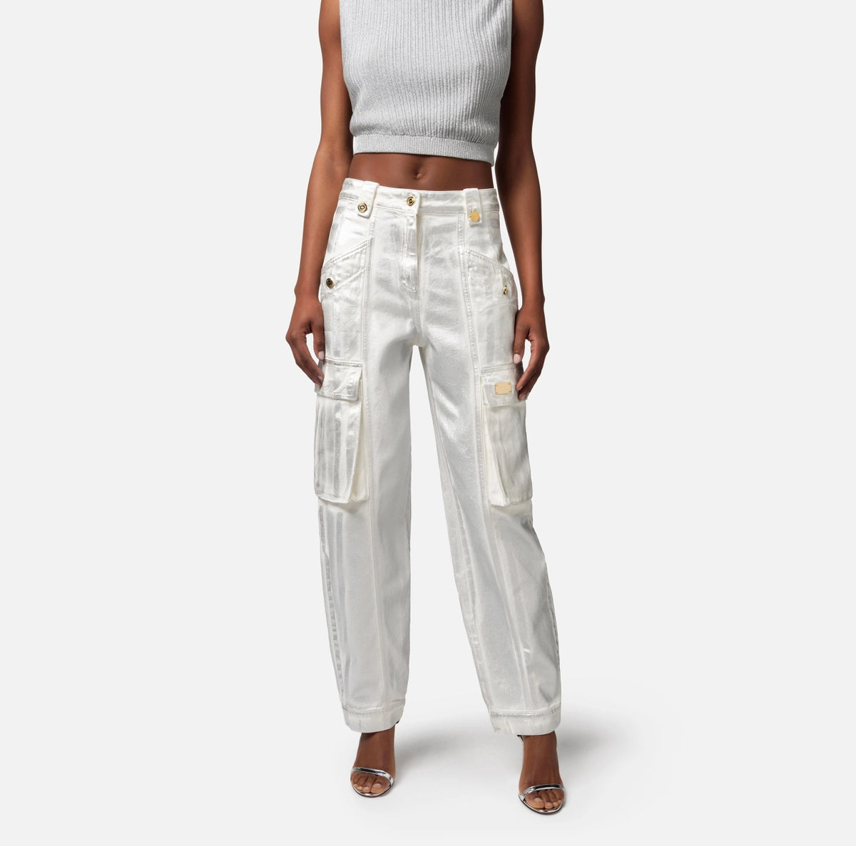 Pantalón denim cargo laminado