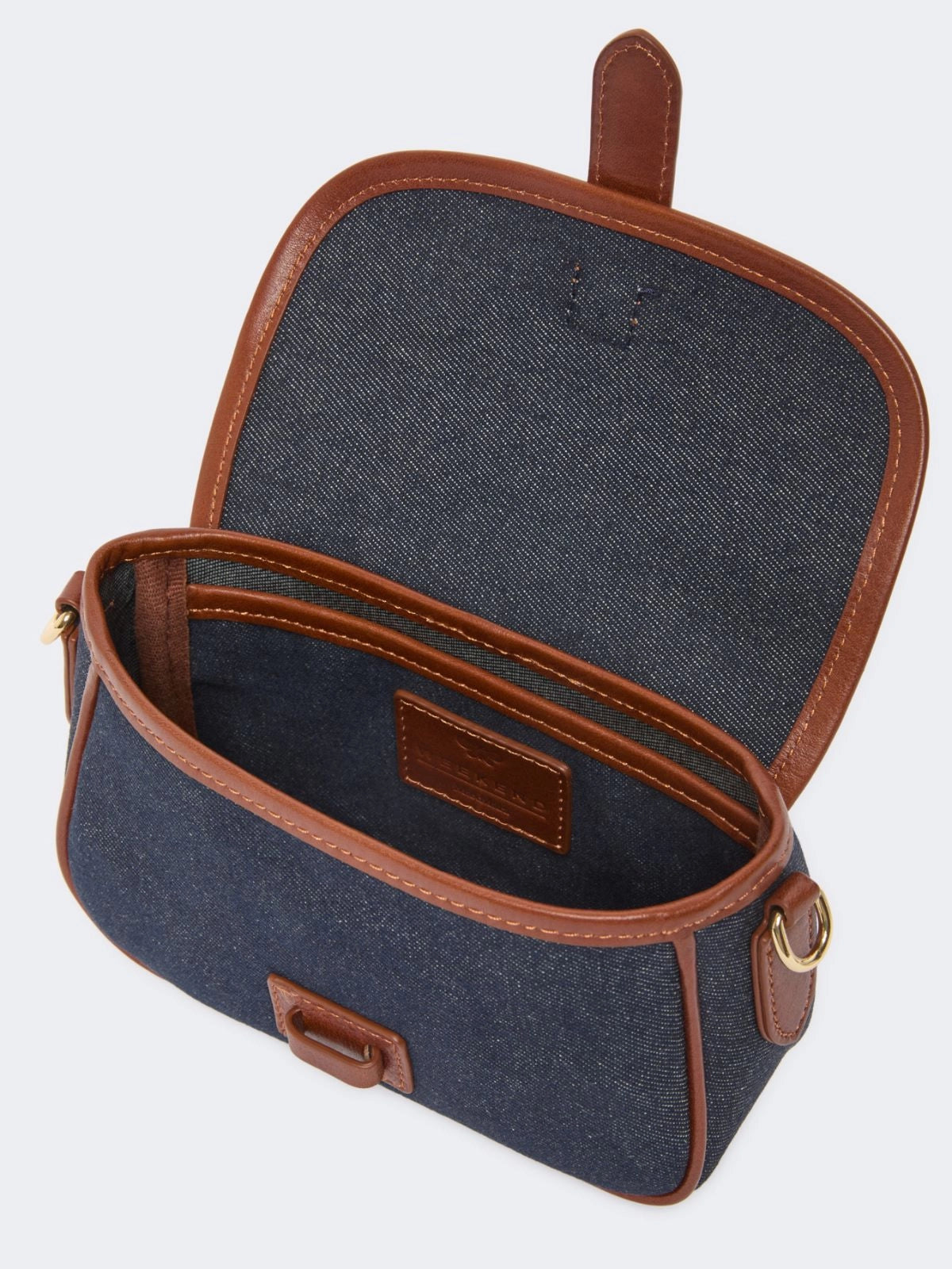 Bolso bandolera pequeño de piel y denim- azul china