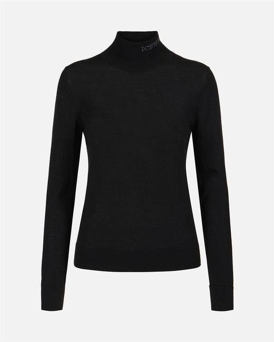 Suéter negro de cuello alto en lana merino extrafina con el logotipo de Iceberg incrustado en el cuello.