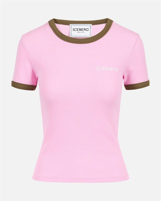 Camiseta ajustada de punto acanalado rosa con estampado de iceberg