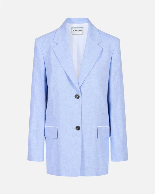 Chaqueta azul de corte relajado con botonadura sencilla en tejido de mezcla de lino en diagonal