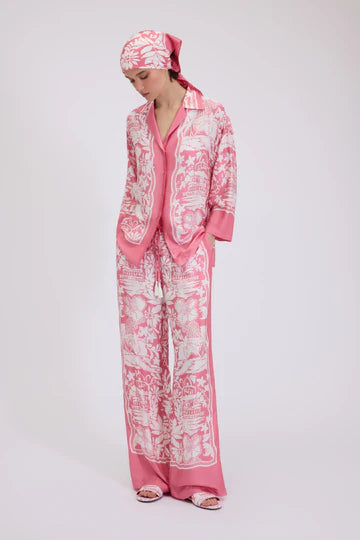 PANTALONES DE VISCOSA SATÉN CON ESTAMPADO TROPICAL