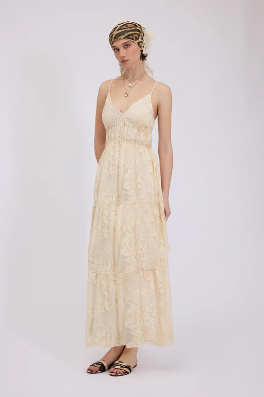 VESTIDO LARGO DE SATÉN DEVORÉ FLORAL