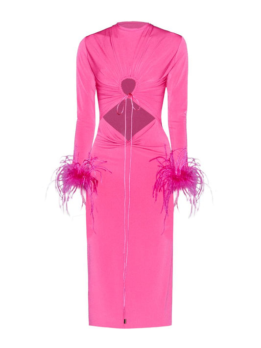 Vestido de punto reciclado y plumas