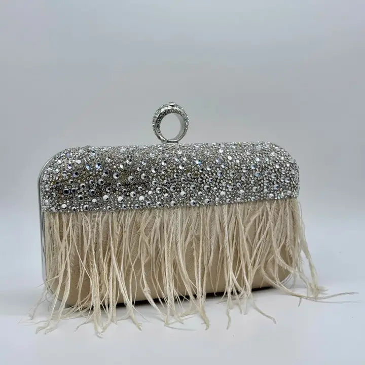 cluch pluma strass-beige