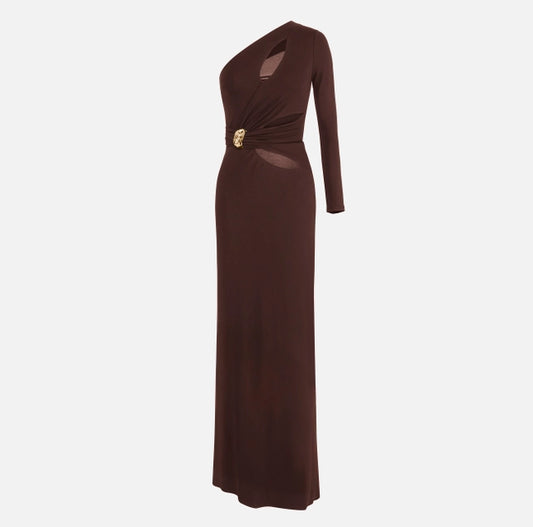 Vestido Red Carpet de punto crepé con detalle joya- cacao