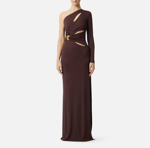 Vestido Red Carpet de punto crepé con detalle joya- cacao