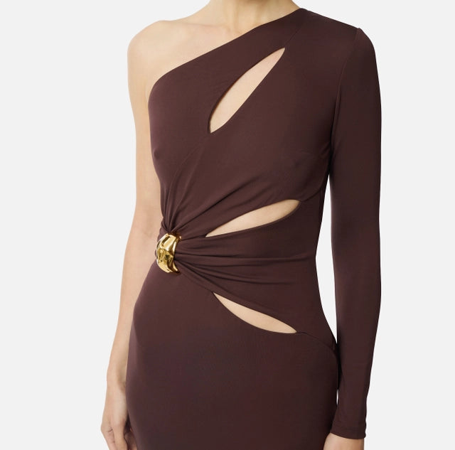 Vestido Red Carpet de punto crepé con detalle joya- cacao