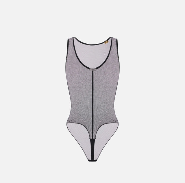 Body de tul con detalles de vinilo