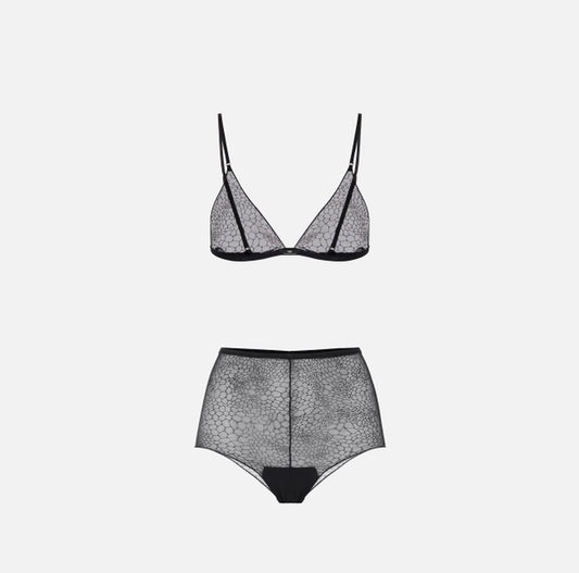 Sujetador y culotte de tul jacquard con motivo snake