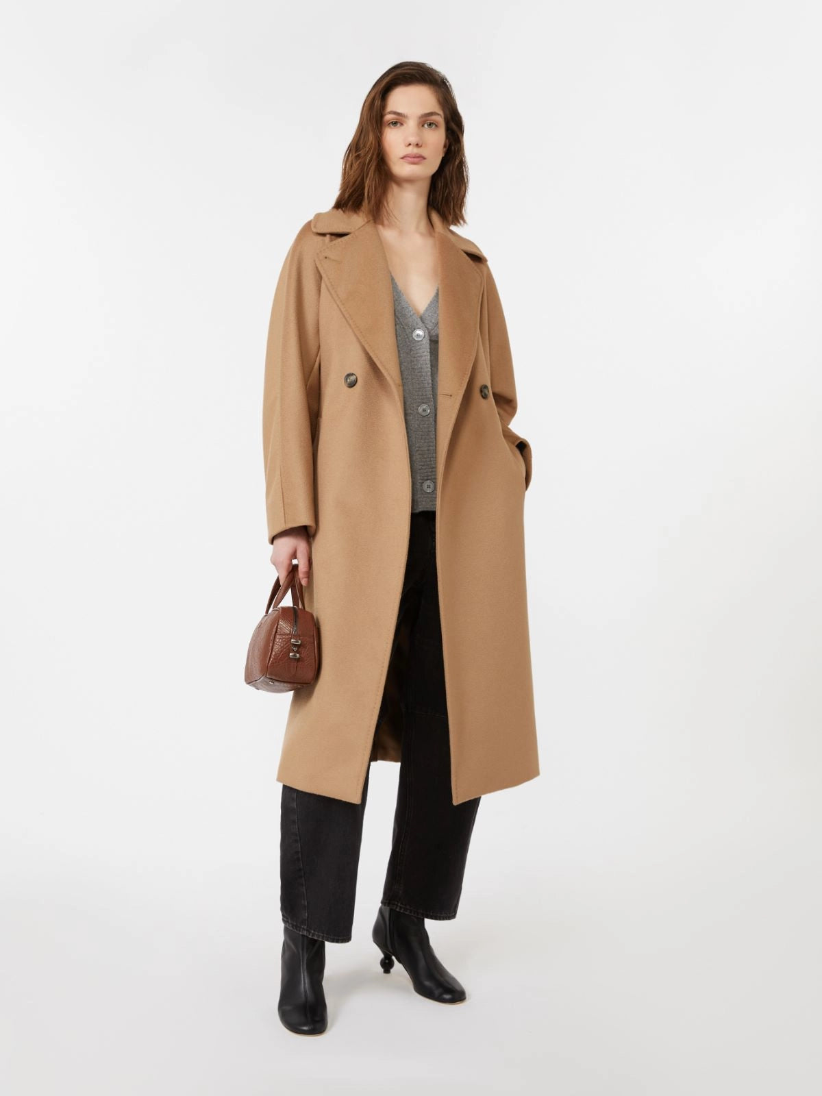 Abrigo midi de lana cruzado - CAMEL