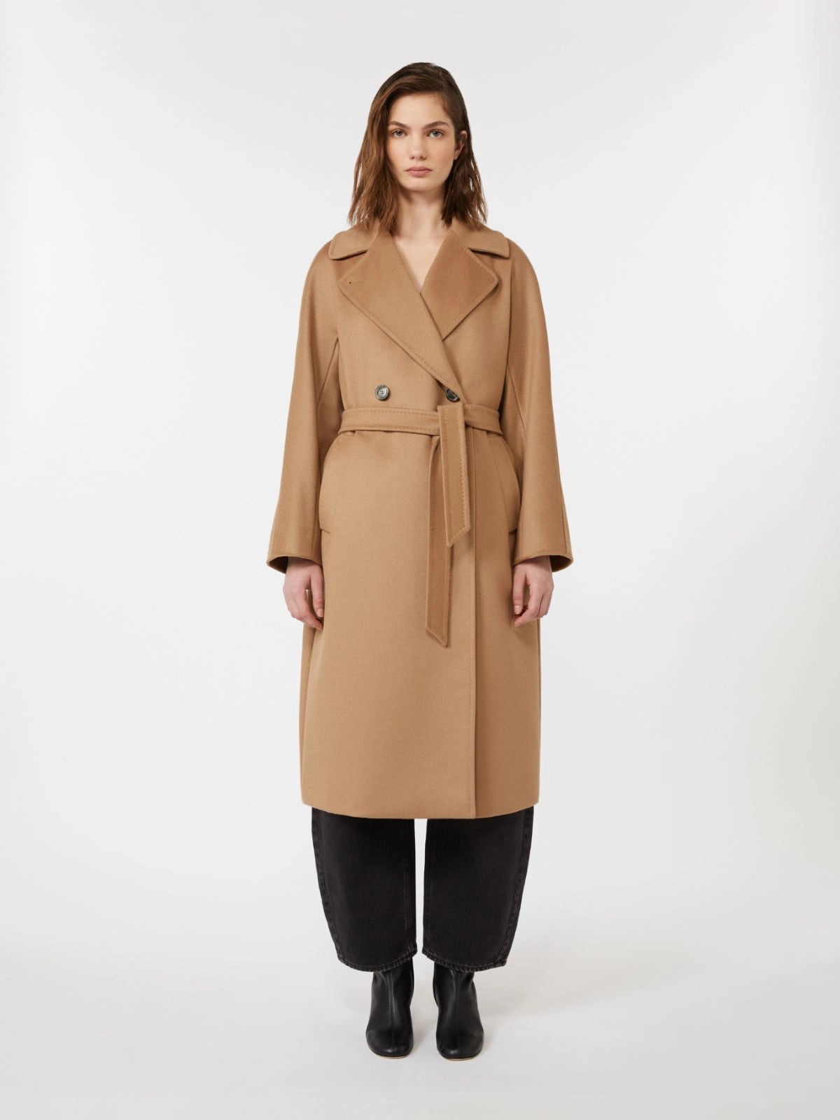 Abrigo midi de lana cruzado - CAMEL