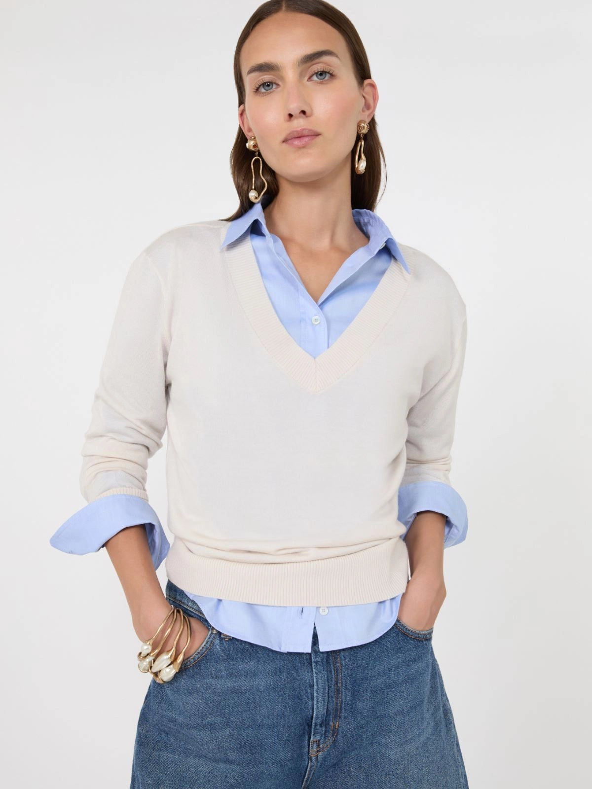 Jersey de cuello en V de lana, seda y cachemir