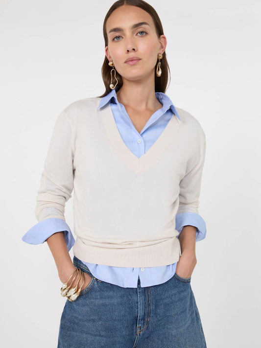 Jersey de cuello en V de lana, seda y cachemir