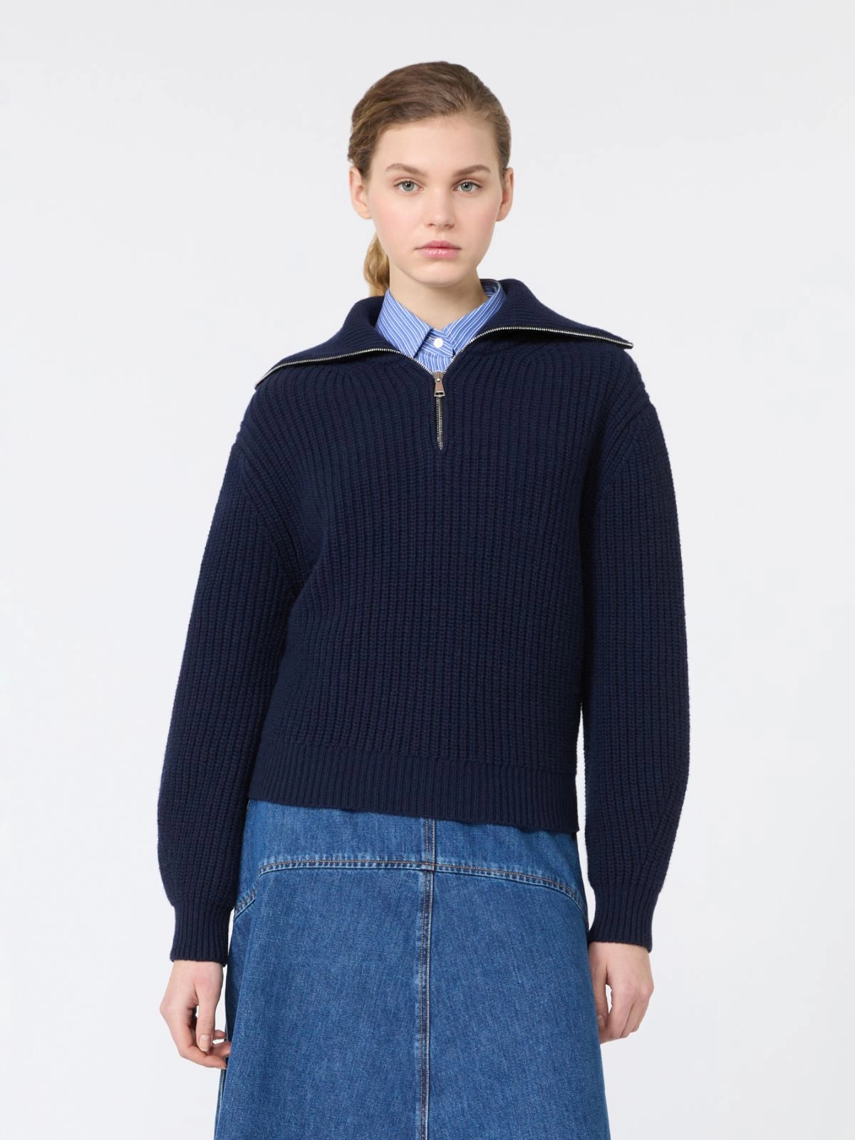Jersey de lana con cuello alto y cremallera - AZUL MARINO