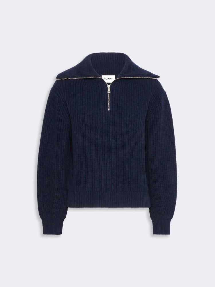 Jersey de lana con cuello alto y cremallera - AZUL MARINO