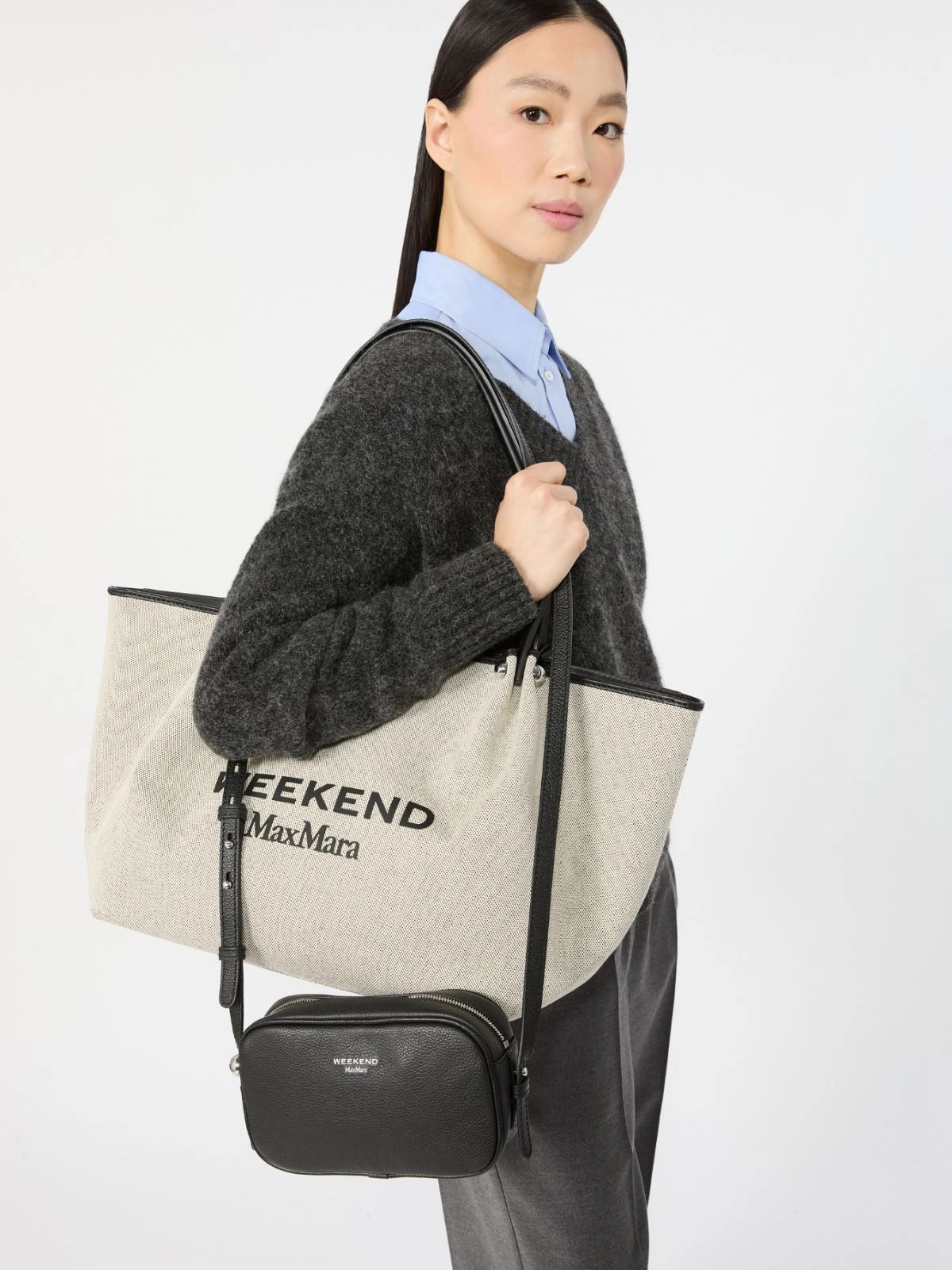 Bolso shopper de tela de tejido liso y cuero - NEGRA