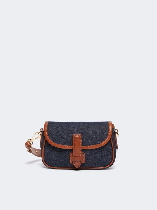 Bolso bandolera pequeño de piel y denim- azul china