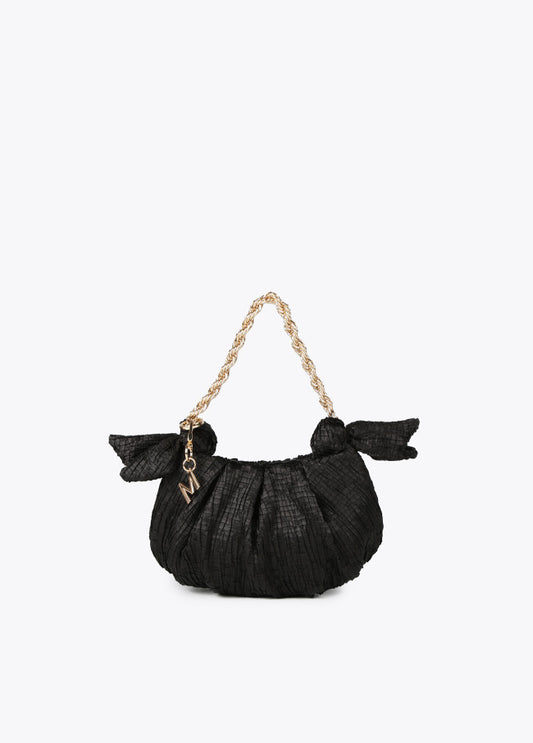 Mini bolso satinado con lazos laterales negro