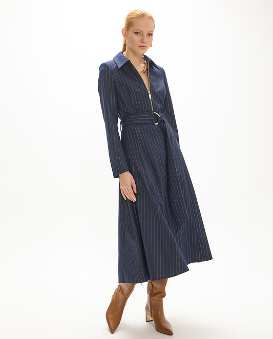 Vestido midi raya diplomática con cremallera y cinturón buckle dorado